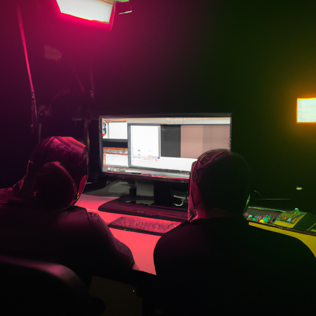 Estudio de edición argentino moderno con luces de color y equipo colaborando en alta definición