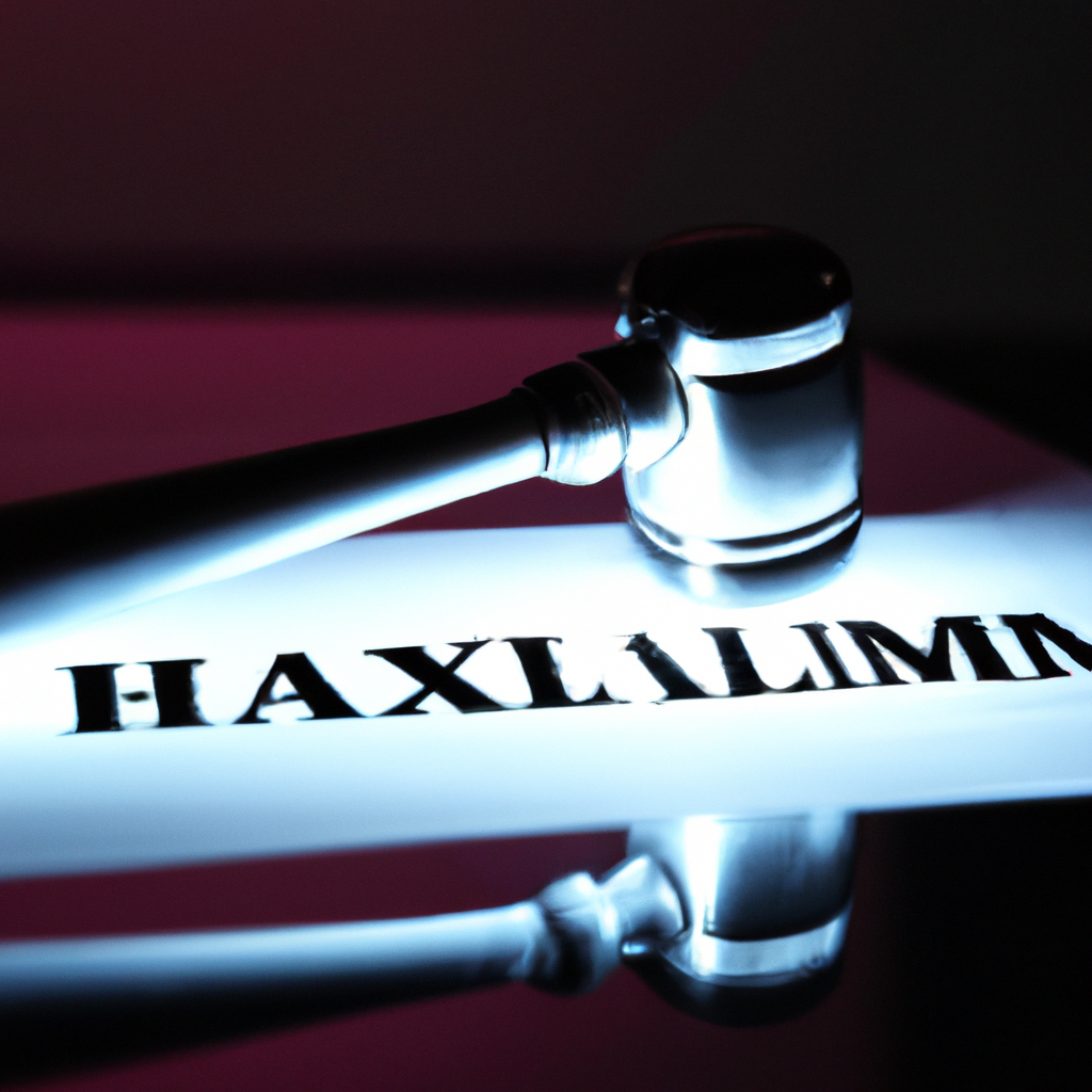 Ilustración abstracta de martillo judicial y contrato con reflejos suaves, colores de marca y fondo limpio